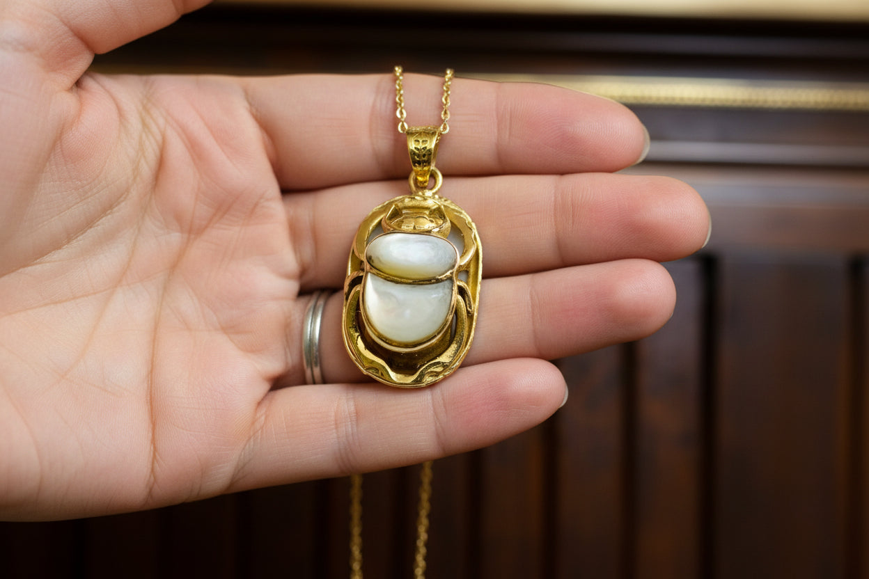 Gold Scarab Mother of Pearl Pendant, Egyptian Revival Necklace