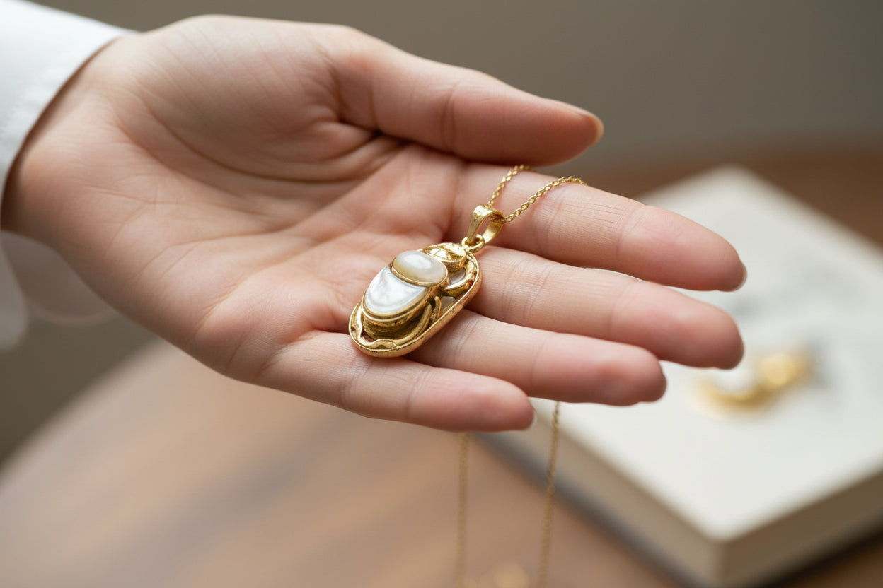 Gold Scarab Mother of Pearl Pendant, Egyptian Revival Necklace