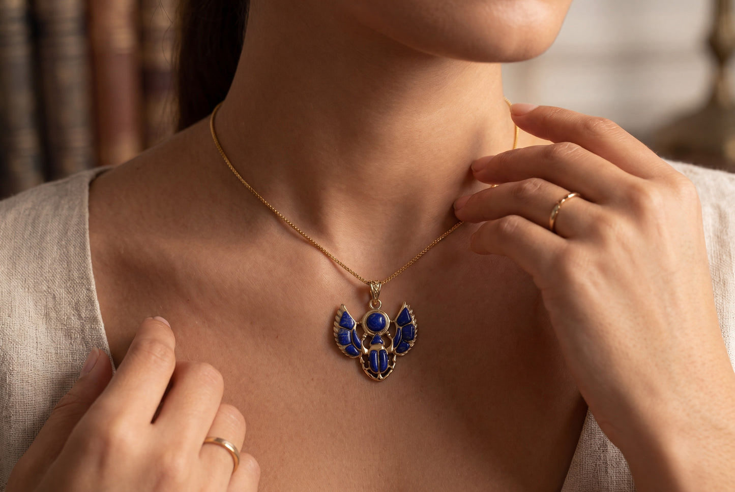 Gold Scarab Lapis Lazuli Pendant Necklace, Egyptian Revival Jewelry, Ancient Egypt Talisman, Protection Charm, Handmade Gift, Sacred Symbol