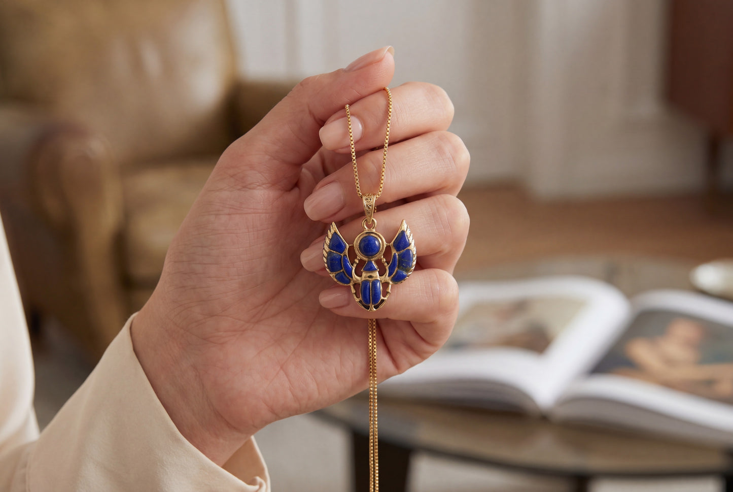 Gold Scarab Lapis Lazuli Pendant Necklace, Egyptian Revival Jewelry, Ancient Egypt Talisman, Protection Charm, Handmade Gift, Sacred Symbol