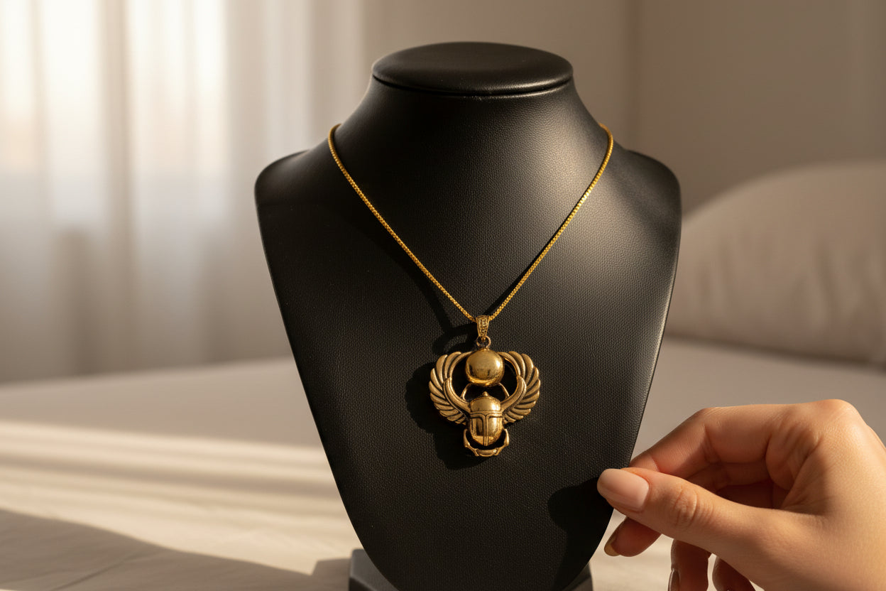 Gold Winged Sun Disk Scarab Beetle Necklace, Egyptian Revival Talisman