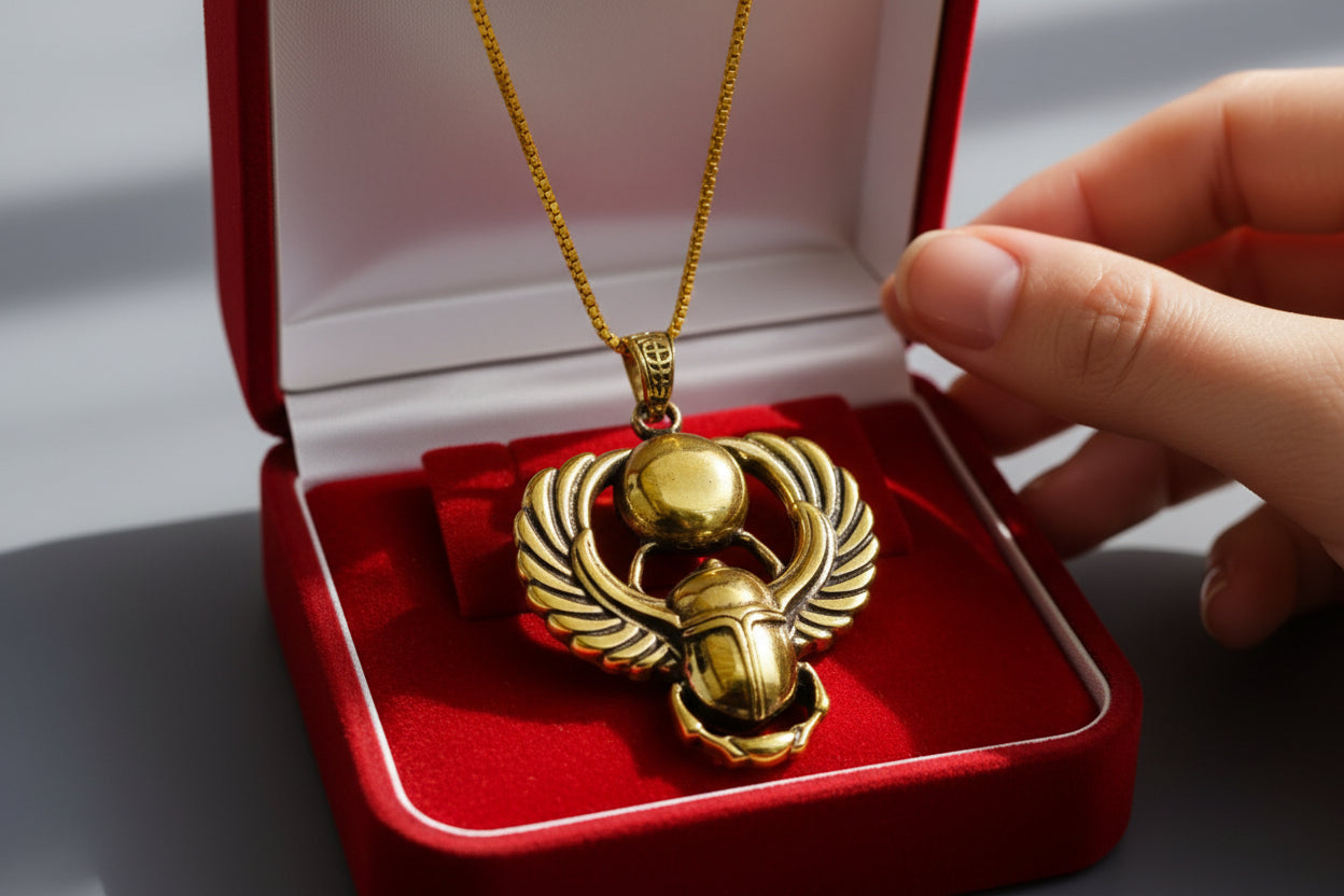 Gold Winged Sun Disk Scarab Beetle Necklace, Egyptian Revival Talisman