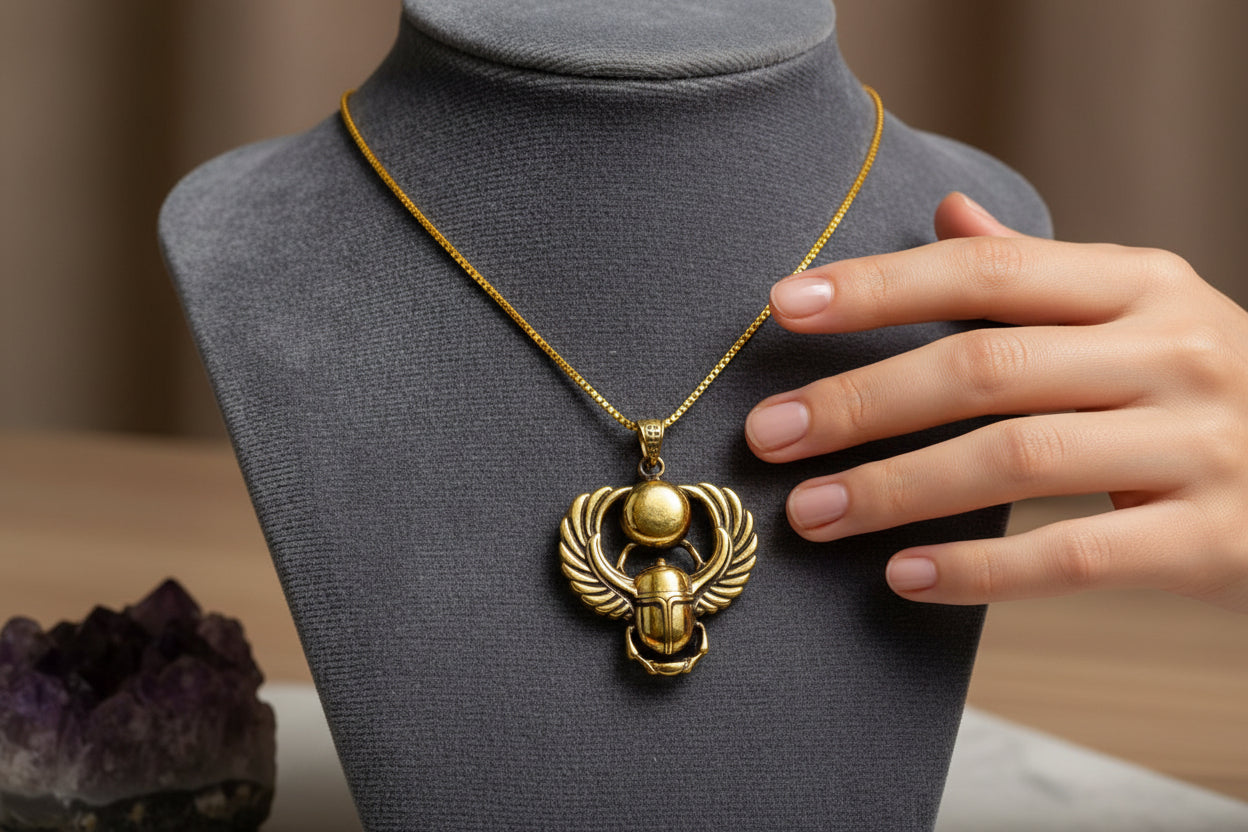 Gold Winged Sun Disk Scarab Beetle Necklace, Egyptian Revival Talisman