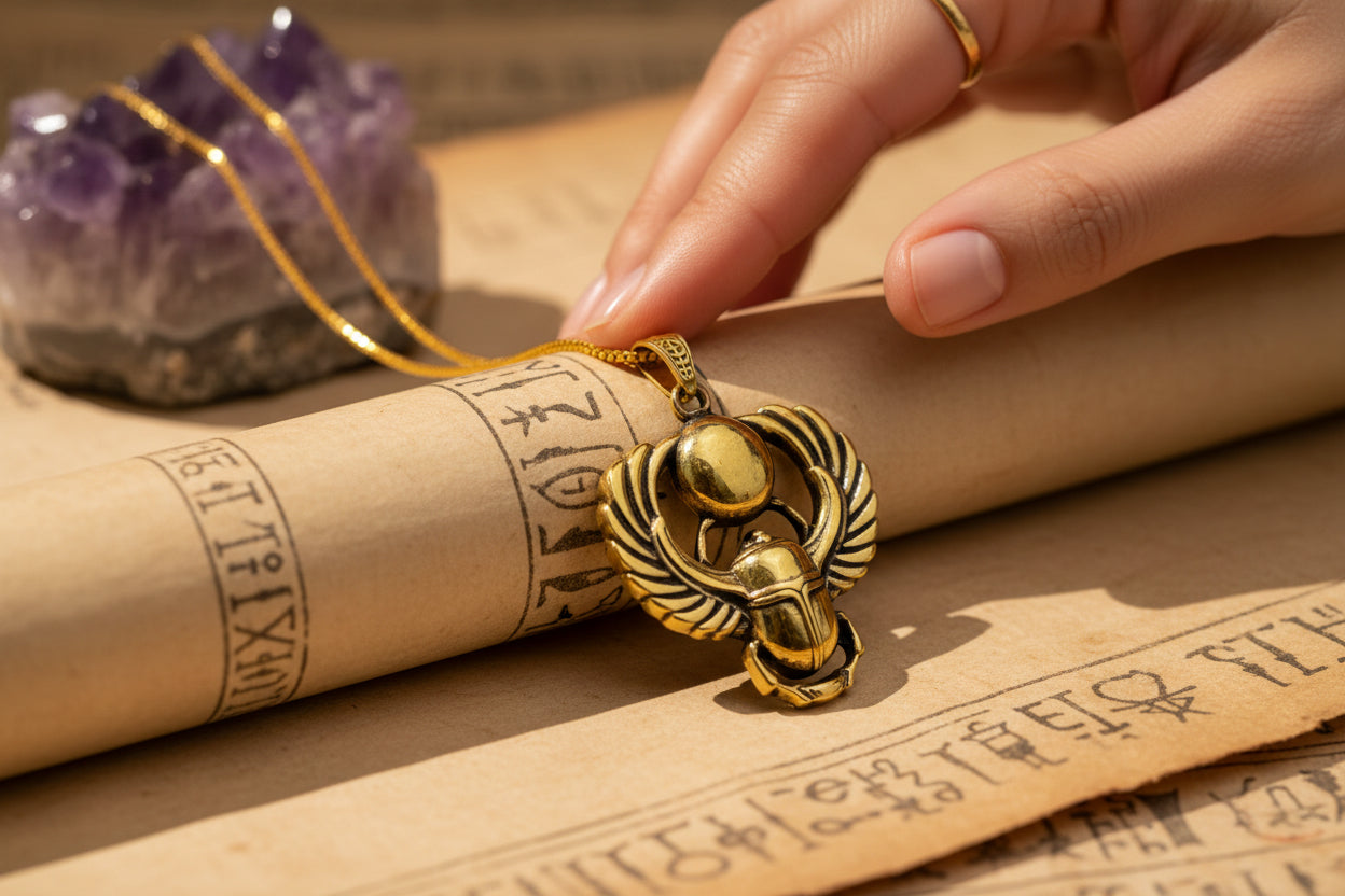 Gold Winged Sun Disk Scarab Beetle Necklace, Egyptian Revival Talisman