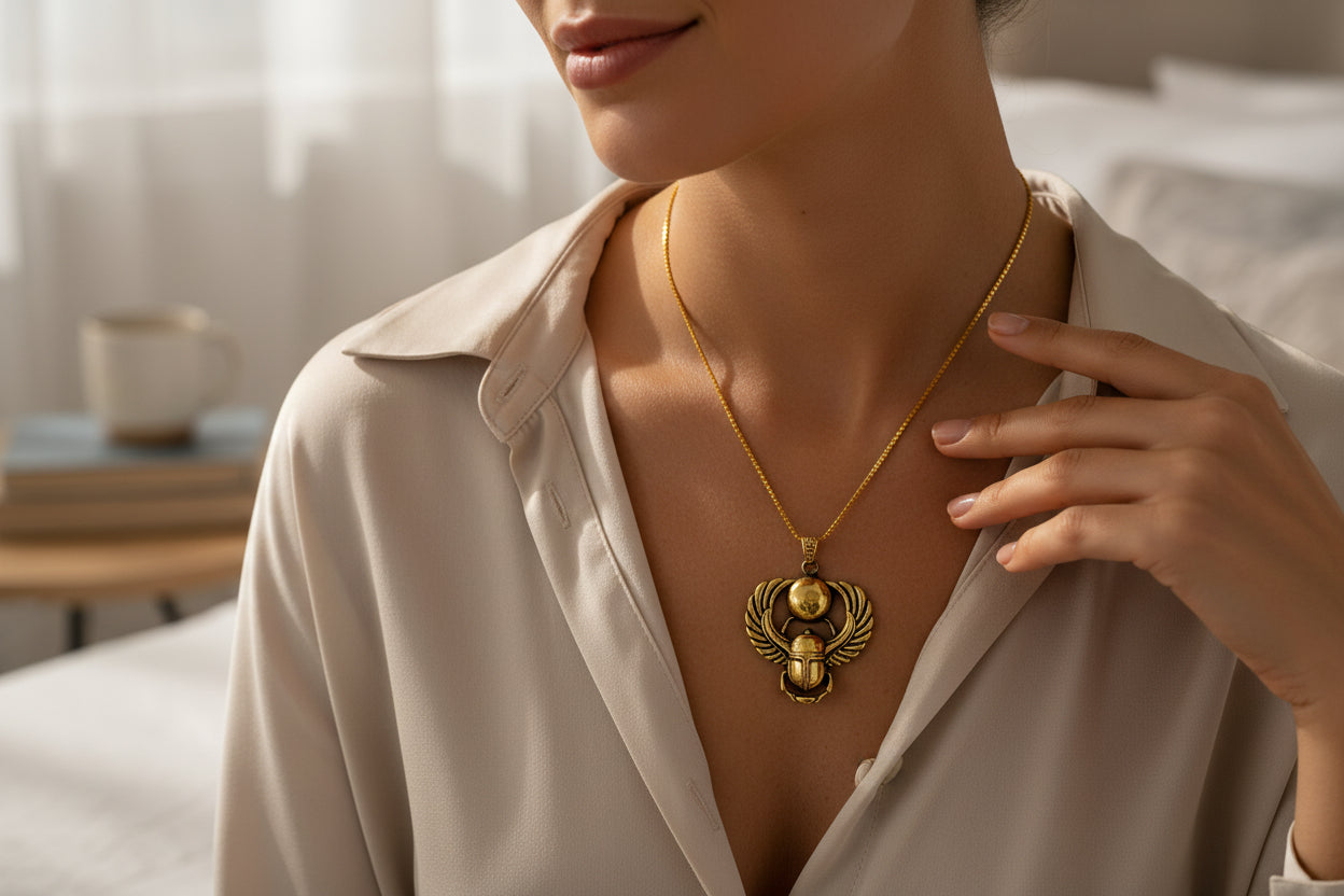 Gold Winged Sun Disk Scarab Beetle Necklace, Egyptian Revival Talisman