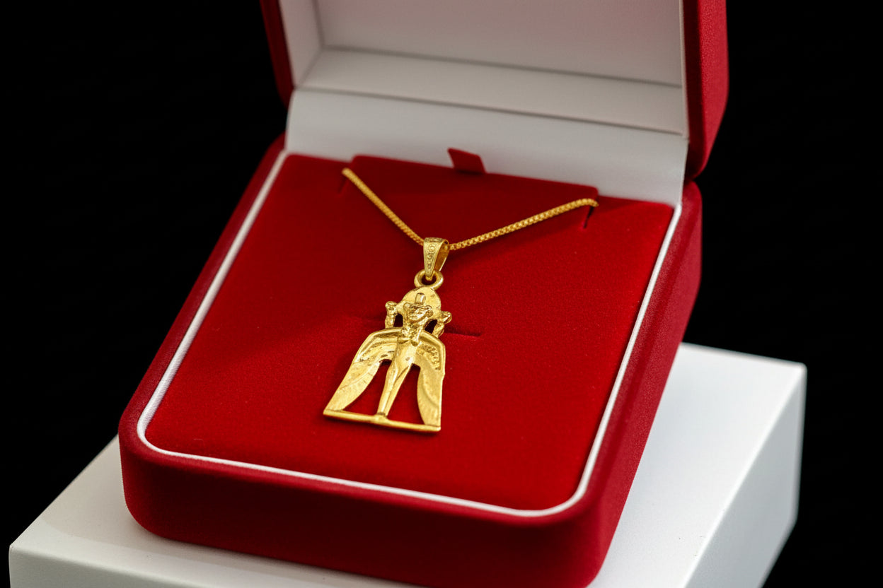 Gold Winged Sekhmet Pendant, Egyptian Revival Necklace, Divine Talisman