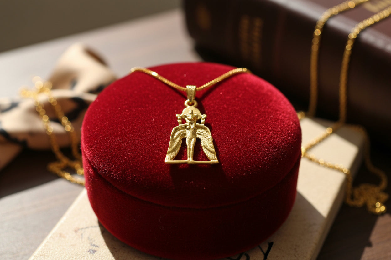 Gold Winged Sekhmet Pendant, Egyptian Revival Necklace, Divine Talisman