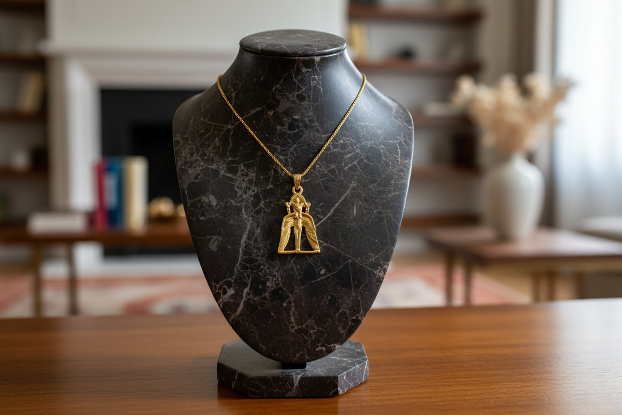 Gold Winged Sekhmet Pendant, Egyptian Revival Necklace, Divine Talisman