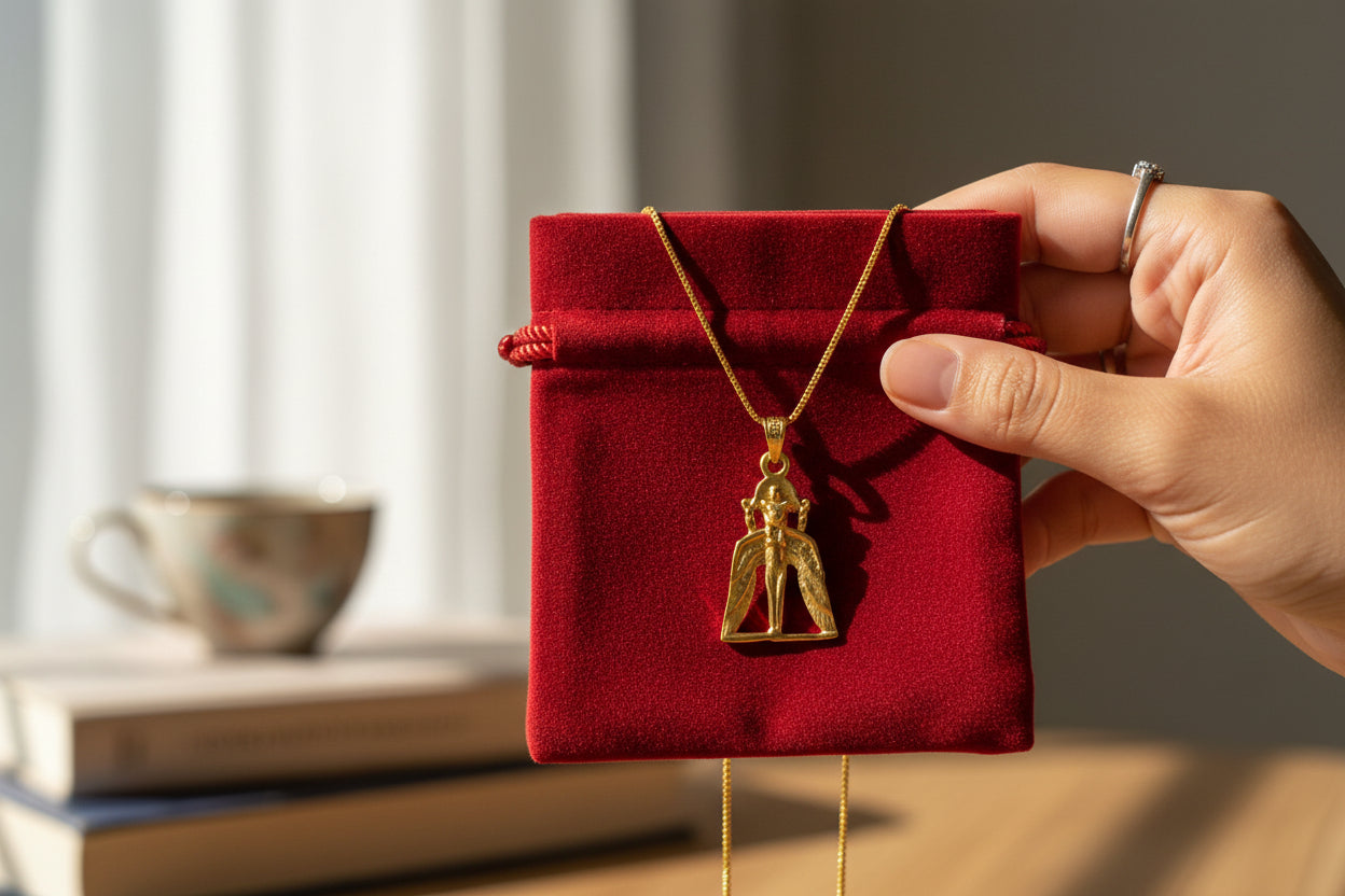 Gold Winged Sekhmet Pendant, Egyptian Revival Necklace, Divine Talisman