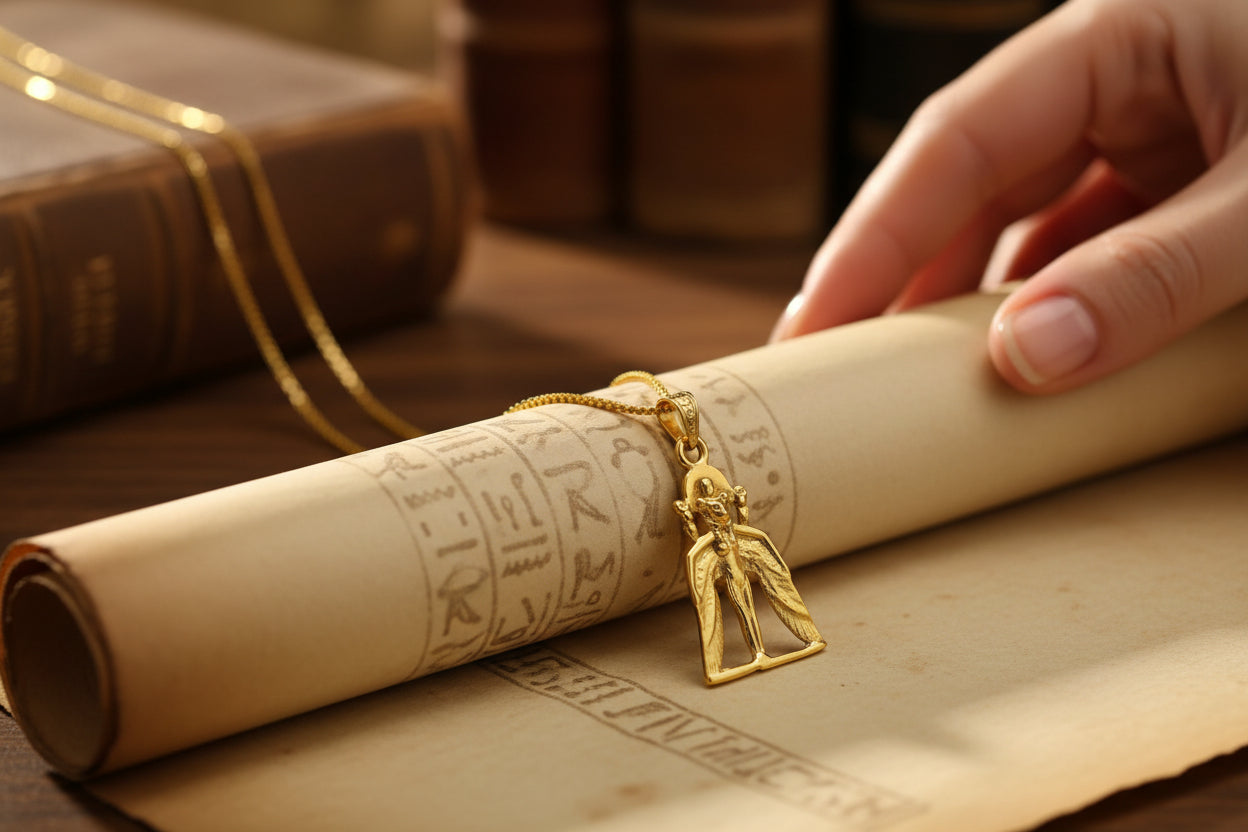 Gold Winged Sekhmet Pendant, Egyptian Revival Necklace, Divine Talisman