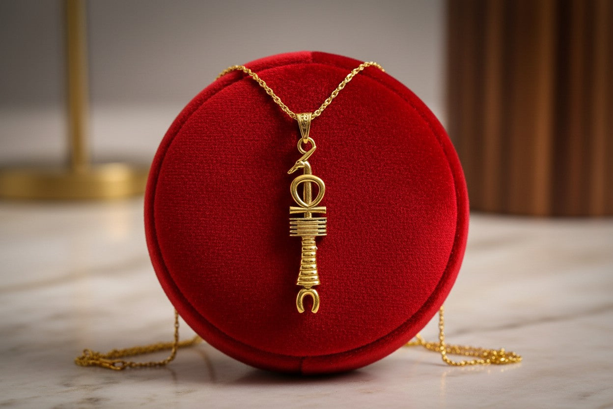 Gold Egyptian Revival Pendant, Ankh, Djed, Was Scepter Talisman