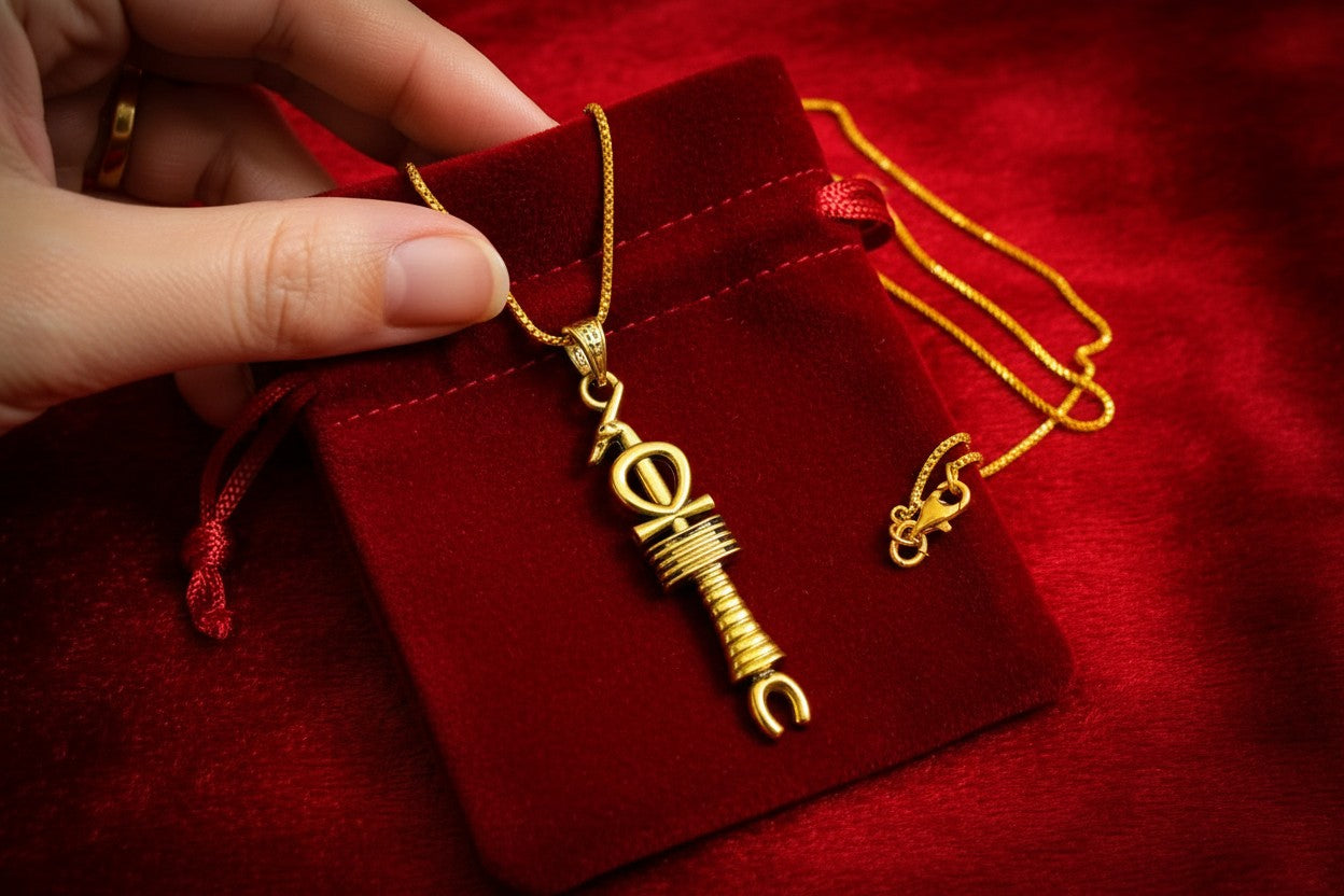 Gold Egyptian Revival Pendant, Ankh, Djed, Was Scepter Talisman