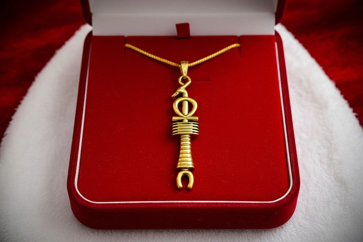 Gold Egyptian Revival Pendant, Ankh, Djed, Was Scepter Talisman