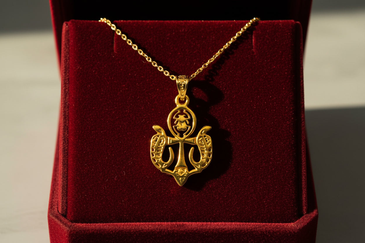 Gold Wadjet Scarab Lotus Necklace, Egyptian Protection Talisman, Eye of Horus Amulet