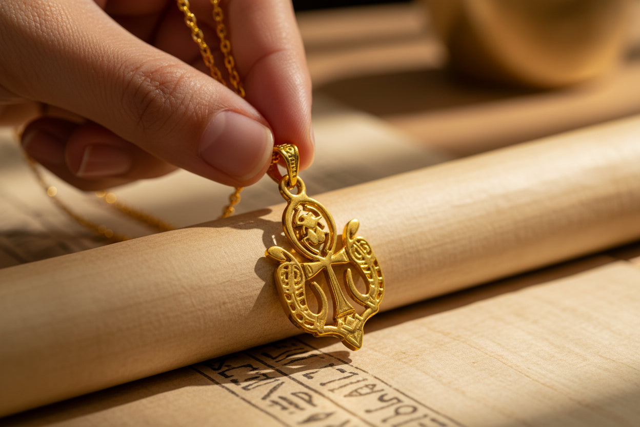 Gold Wadjet Scarab Lotus Necklace, Egyptian Protection Talisman, Eye of Horus Amulet