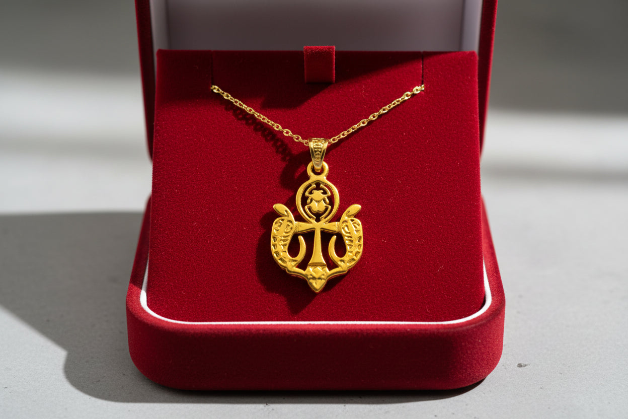Gold Wadjet Scarab Lotus Necklace, Egyptian Protection Talisman, Eye of Horus Amulet
