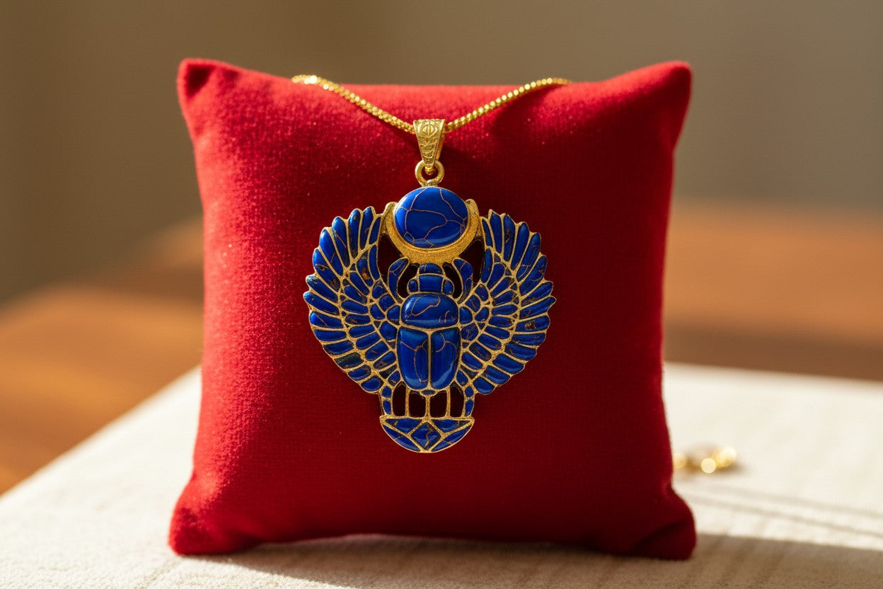 Gold Egyptian Scarab Lapis Lazuli Necklace, Handmade Talisman Divine Pendant