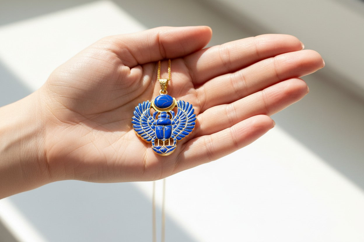 Gold Egyptian Scarab Lapis Lazuli Necklace, Handmade Talisman Divine Pendant
