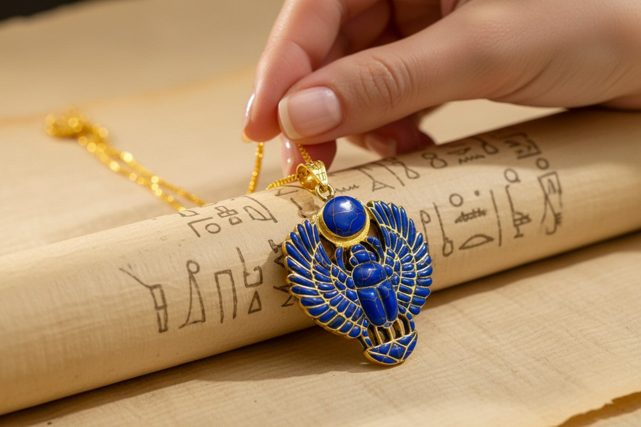 Gold Egyptian Scarab Lapis Lazuli Necklace, Handmade Talisman Divine Pendant