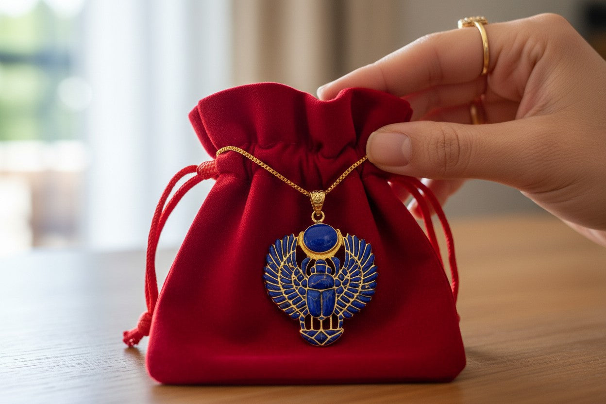 Gold Egyptian Scarab Lapis Lazuli Necklace, Handmade Talisman Divine Pendant