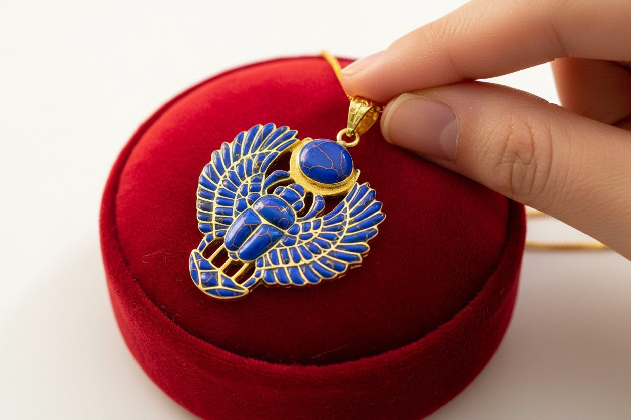 Gold Egyptian Scarab Lapis Lazuli Necklace, Handmade Talisman Divine Pendant