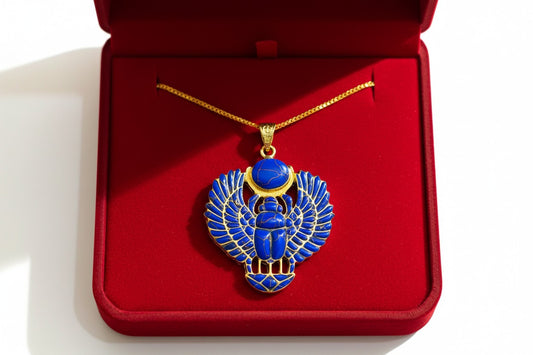 Gold Egyptian Scarab Lapis Lazuli Necklace, Handmade Talisman Divine Pendant