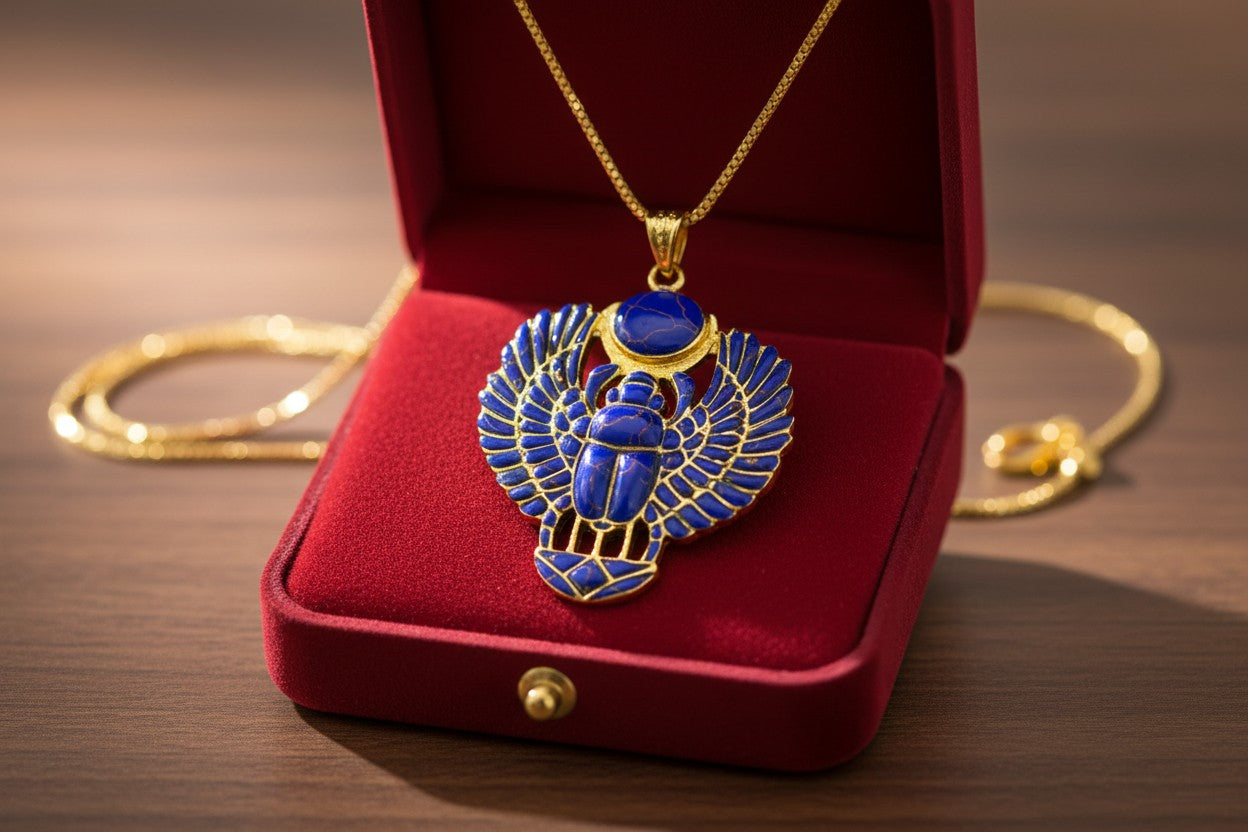 Gold Egyptian Scarab Lapis Lazuli Necklace, Handmade Talisman Divine Pendant