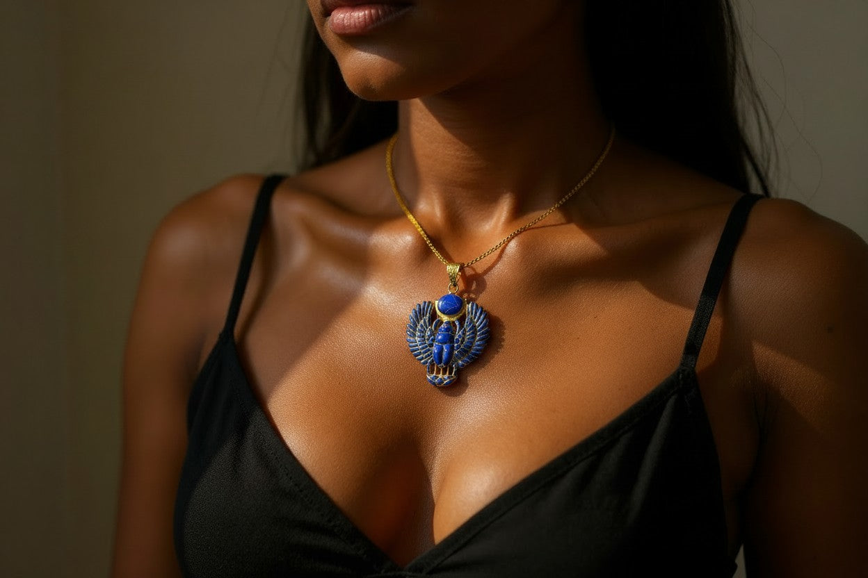 Gold Egyptian Scarab Lapis Lazuli Necklace, Handmade Talisman Divine Pendant