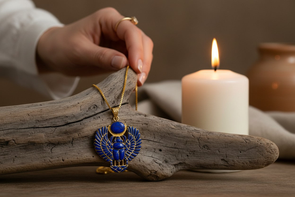 Gold Egyptian Scarab Lapis Lazuli Necklace, Handmade Talisman Divine Pendant