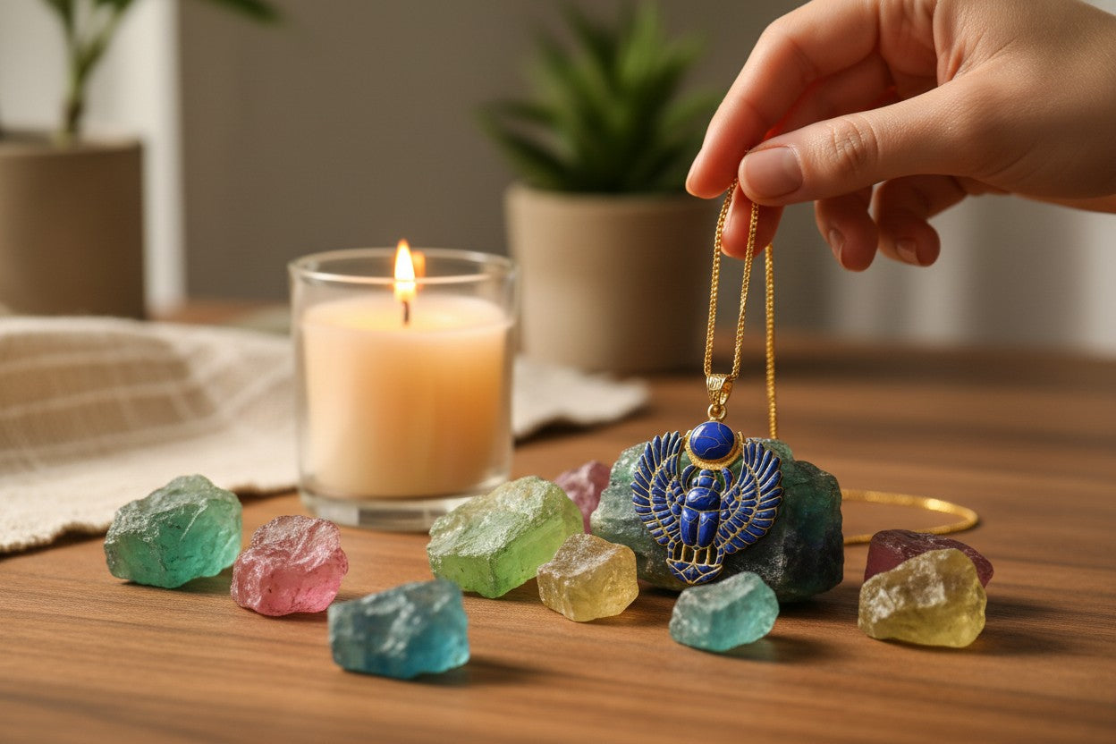 Gold Egyptian Scarab Lapis Lazuli Necklace, Handmade Talisman Divine Pendant