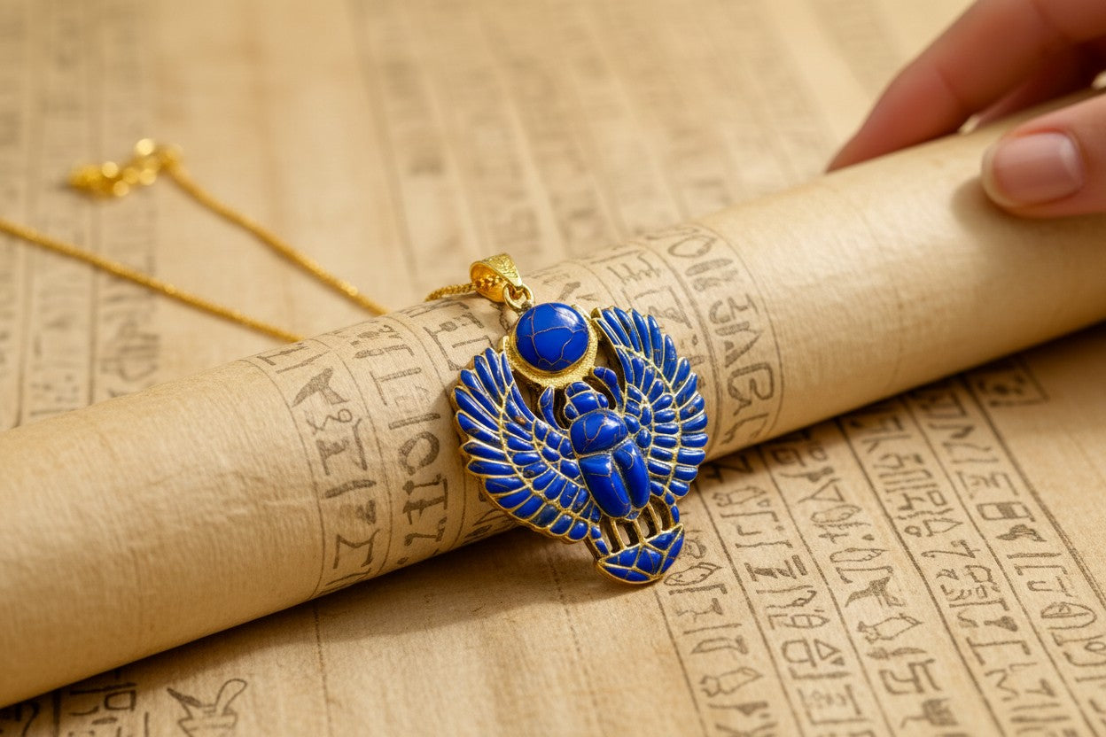Gold Egyptian Scarab Lapis Lazuli Necklace, Handmade Talisman Divine Pendant