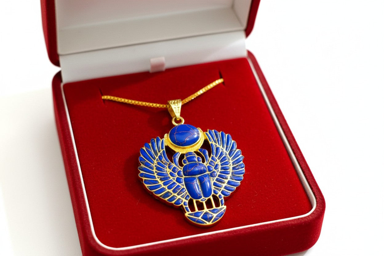 Gold Egyptian Scarab Lapis Lazuli Necklace, Handmade Talisman Divine Pendant