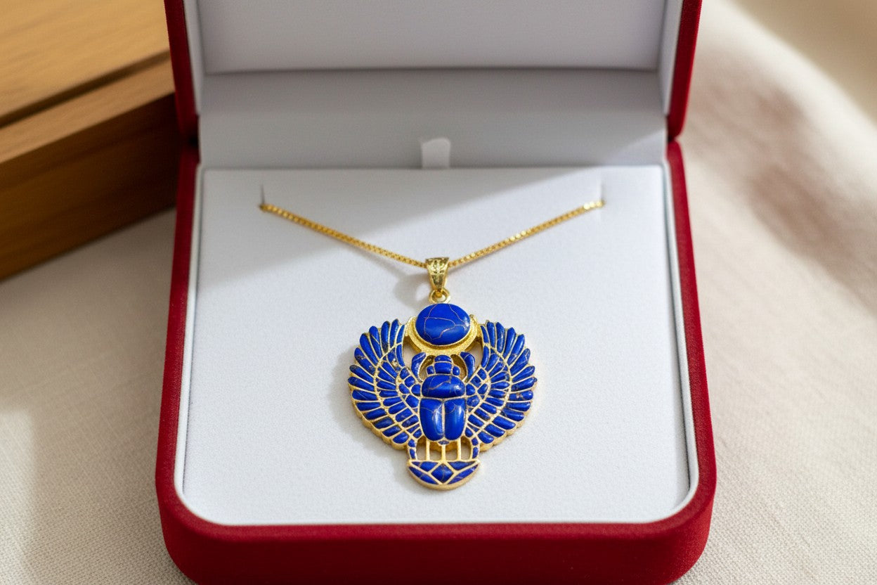 Gold Egyptian Scarab Lapis Lazuli Necklace, Handmade Talisman Divine Pendant