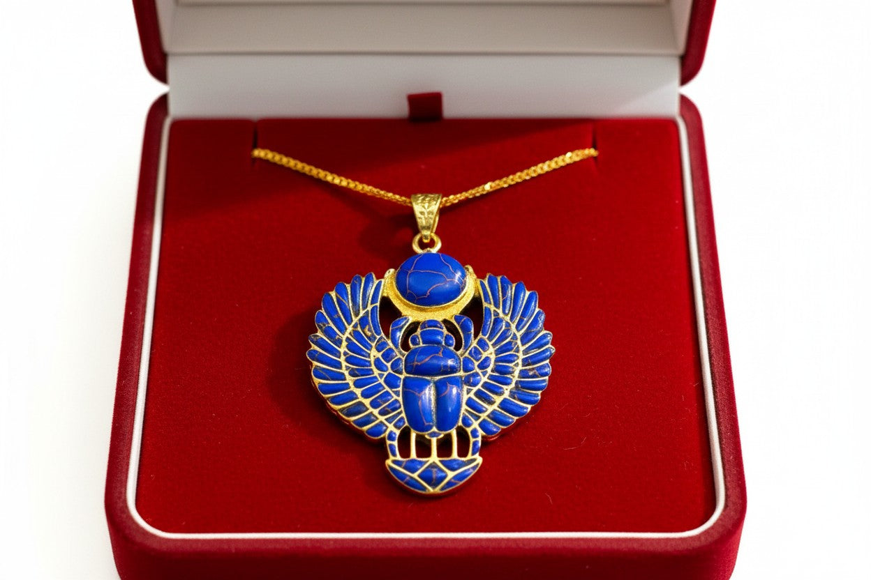 Gold Egyptian Scarab Lapis Lazuli Necklace, Handmade Talisman Divine Pendant