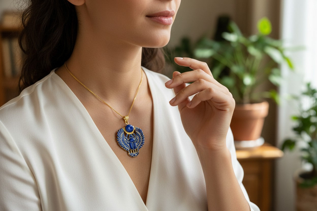 Gold Egyptian Scarab Lapis Lazuli Necklace, Handmade Talisman Divine Pendant