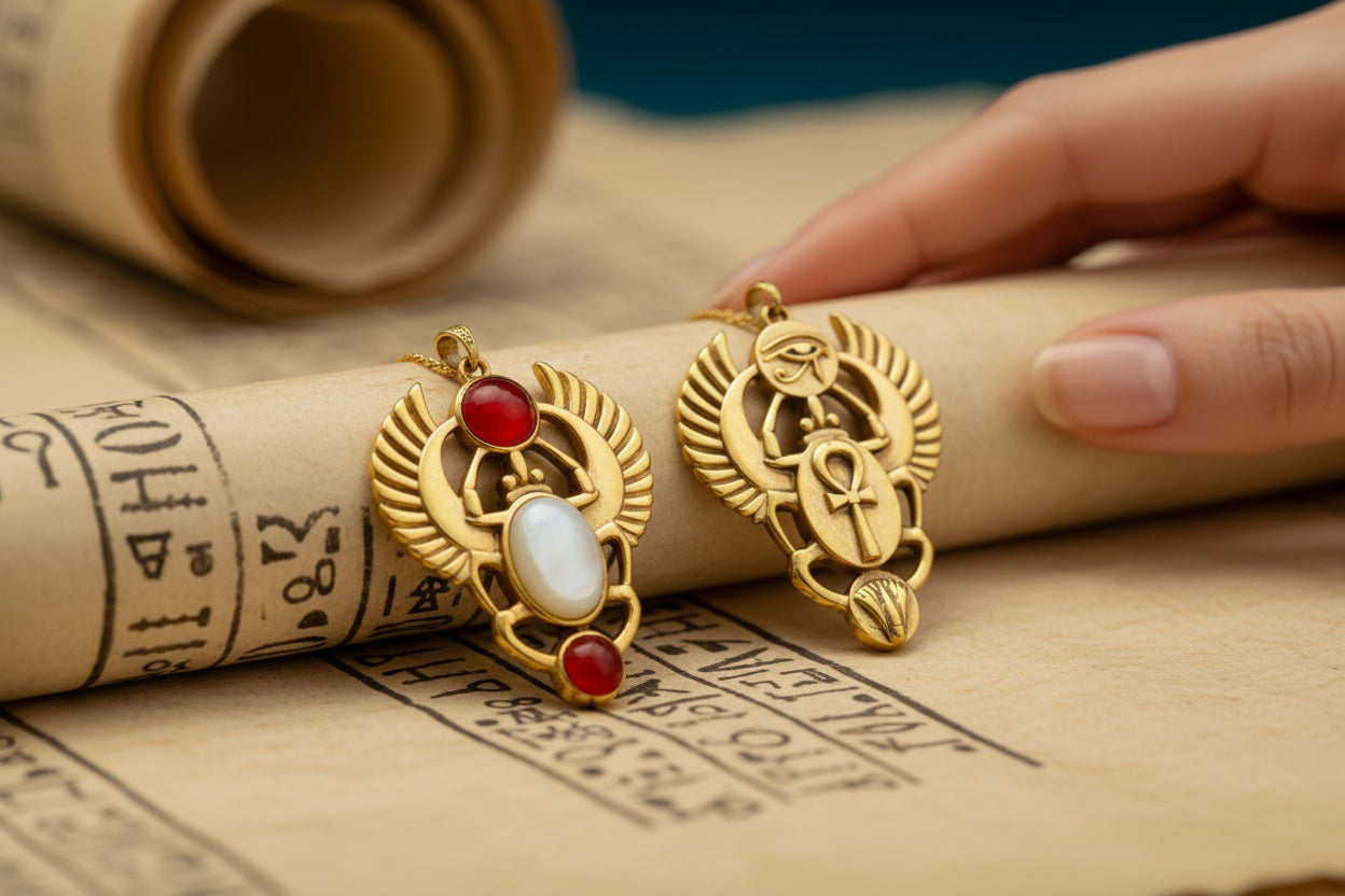 Gold Scarab Mother of Pearl Pendant Necklace, Egyptian Revival Jewelry