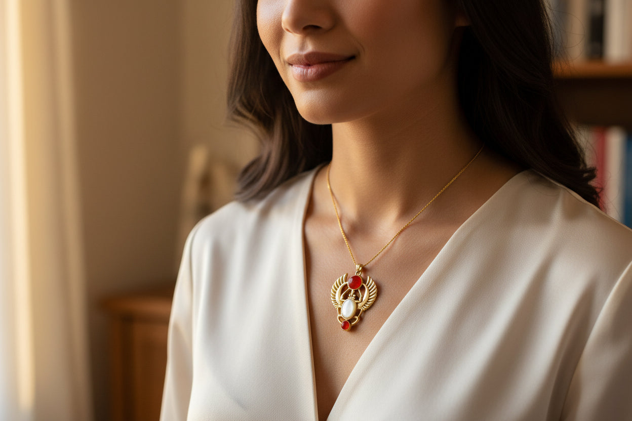 Gold Scarab Mother of Pearl Pendant Necklace, Egyptian Revival Jewelry
