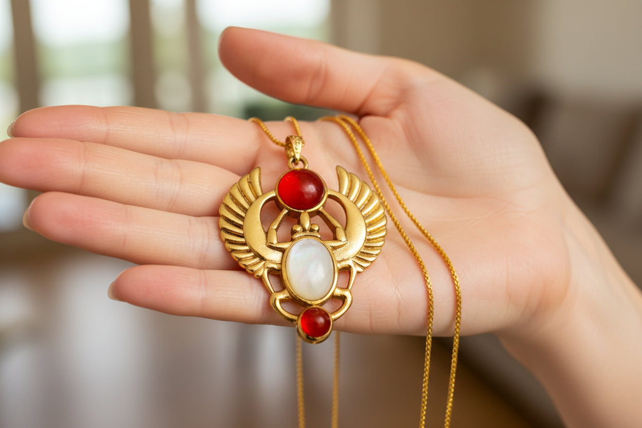 Gold Scarab Mother of Pearl Pendant Necklace, Egyptian Revival Jewelry