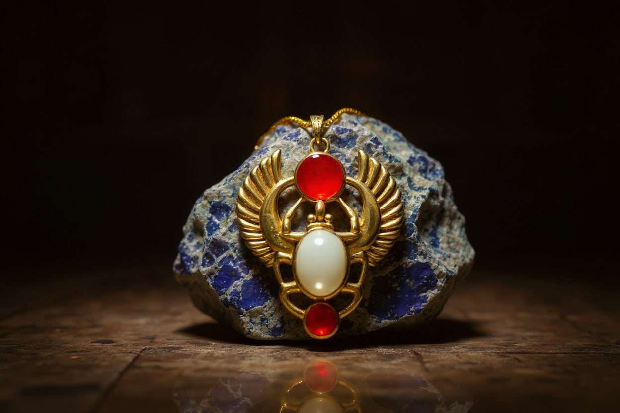 Gold Scarab Mother of Pearl Pendant Necklace, Egyptian Revival Jewelry