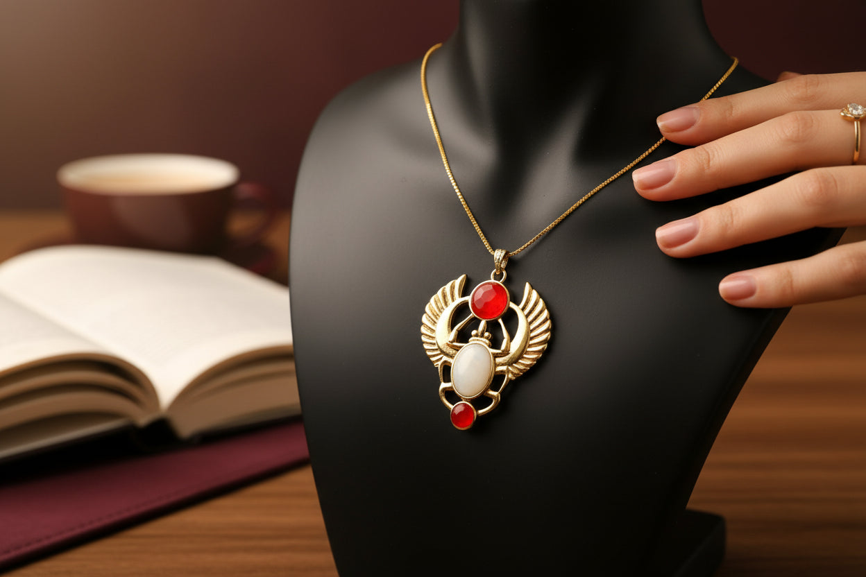 Gold Scarab Mother of Pearl Pendant Necklace, Egyptian Revival Jewelry