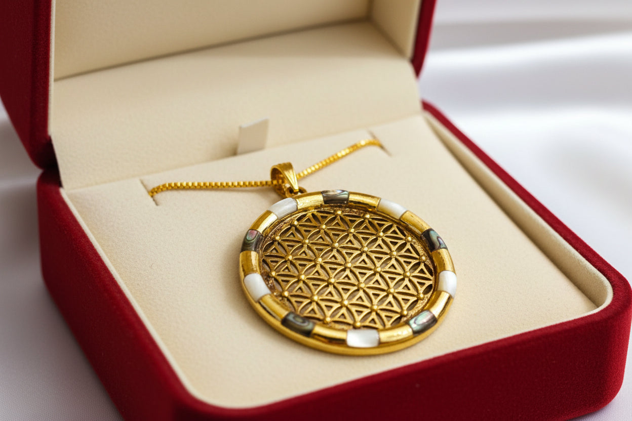 Gold Flower of Life Pendant, Large Egyptian Talisman Necklace