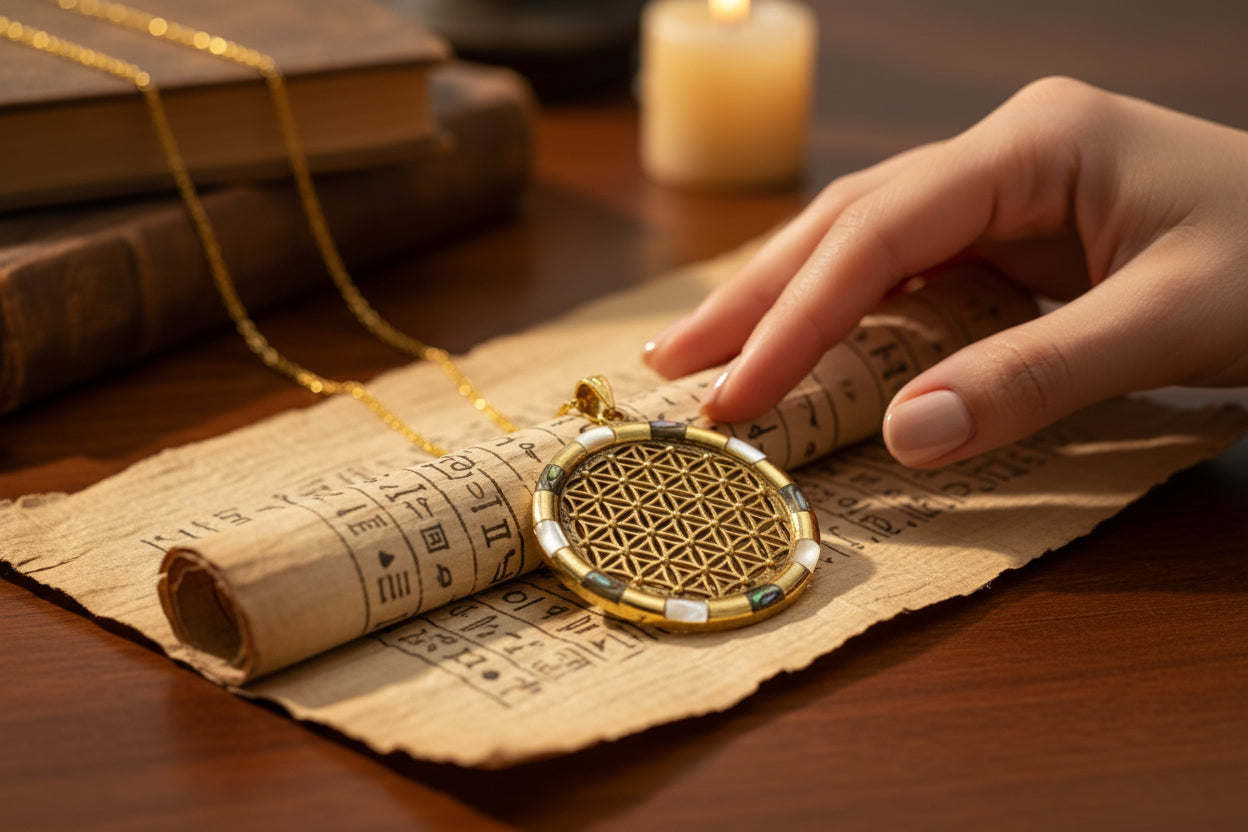 Gold Flower of Life Pendant, Large Egyptian Talisman Necklace