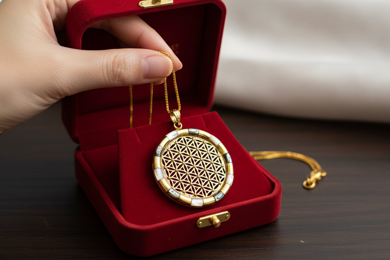 Gold Flower of Life Pendant, Large Egyptian Talisman Necklace