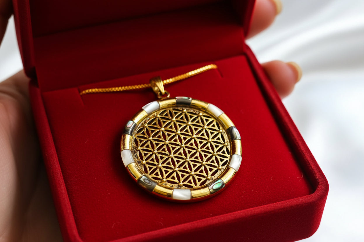 Gold Flower of Life Pendant, Large Egyptian Talisman Necklace