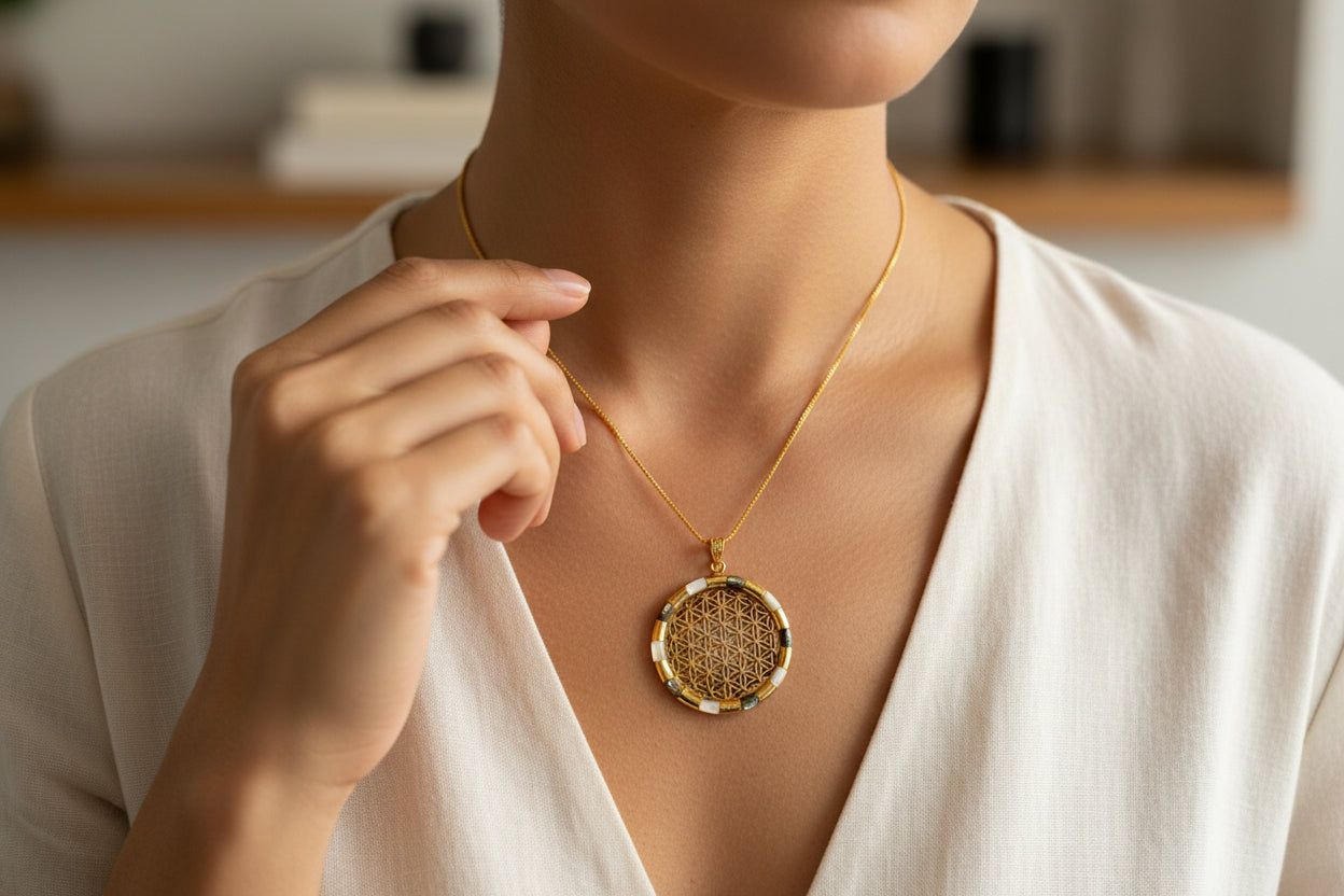 Gold Flower of Life Pendant, Large Egyptian Talisman Necklace