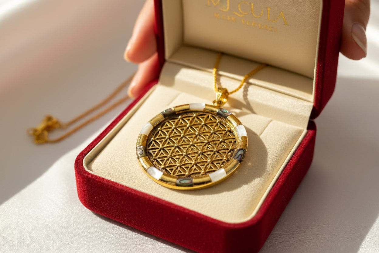 Gold Flower of Life Pendant, Large Egyptian Talisman Necklace
