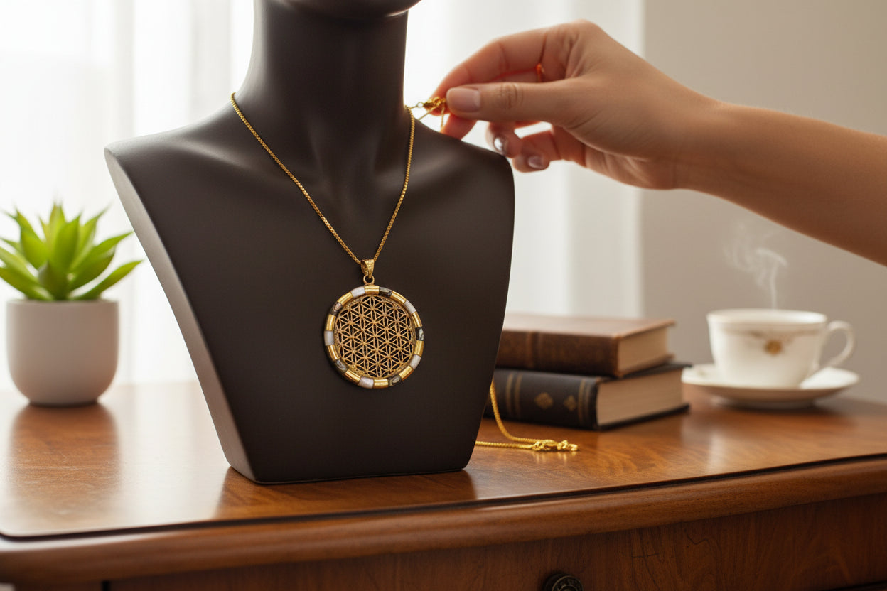 Gold Flower of Life Pendant, Large Egyptian Talisman Necklace