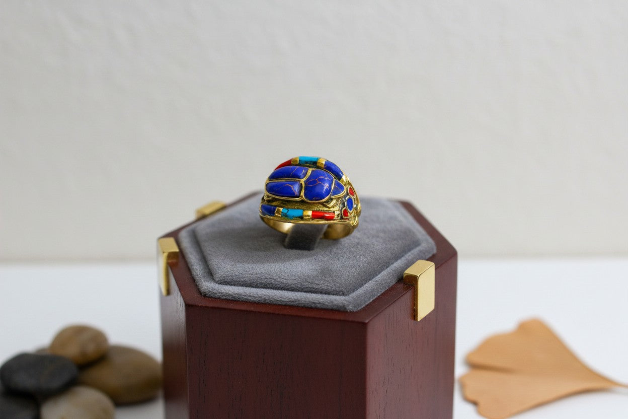 Gold Lapis Lazuli Scarab Ring, Ancient Egyptian Revival Jewelry