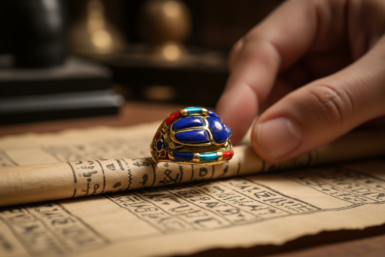 Gold Lapis Lazuli Scarab Ring, Ancient Egyptian Revival Jewelry