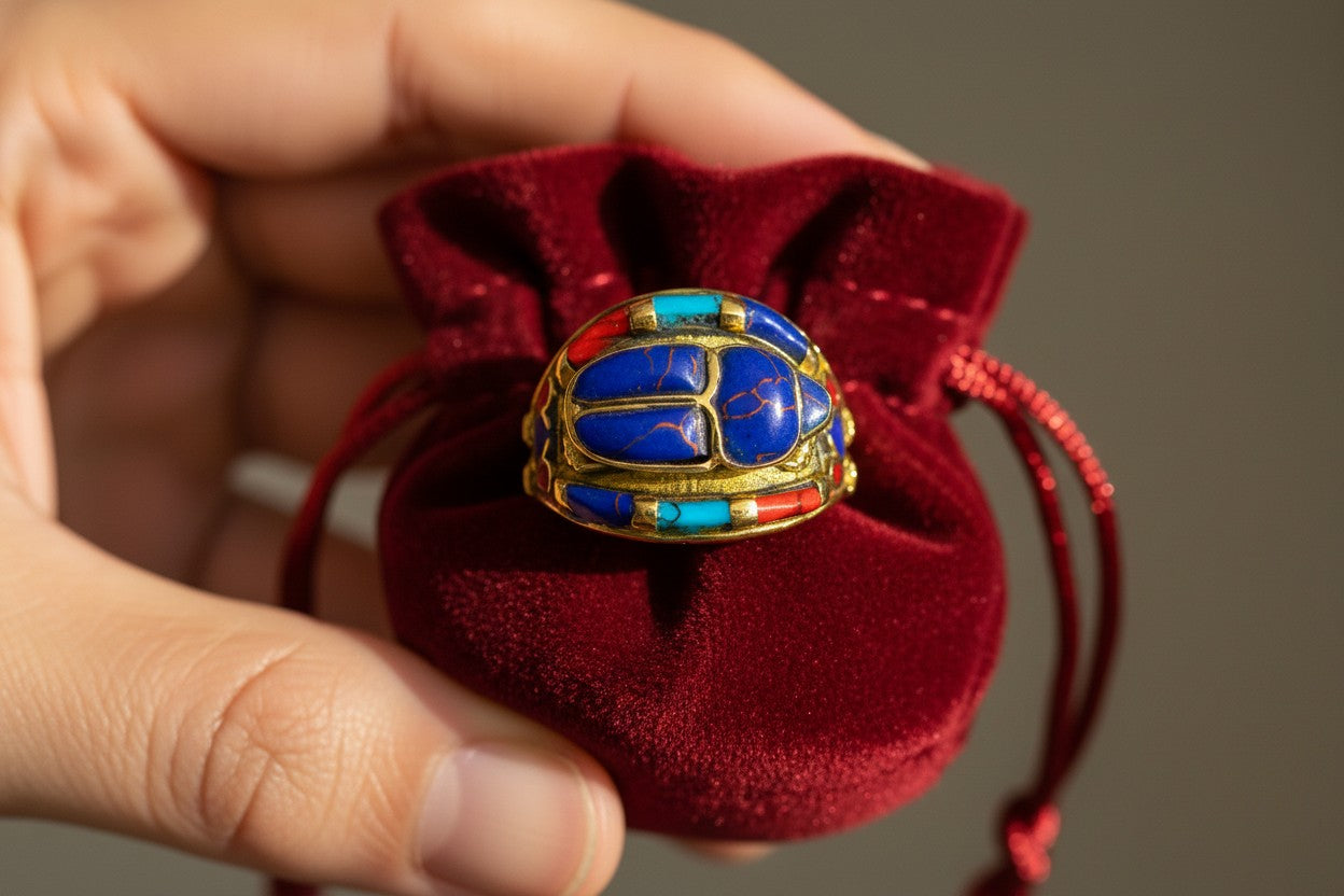Gold Lapis Lazuli Scarab Ring, Ancient Egyptian Revival Jewelry